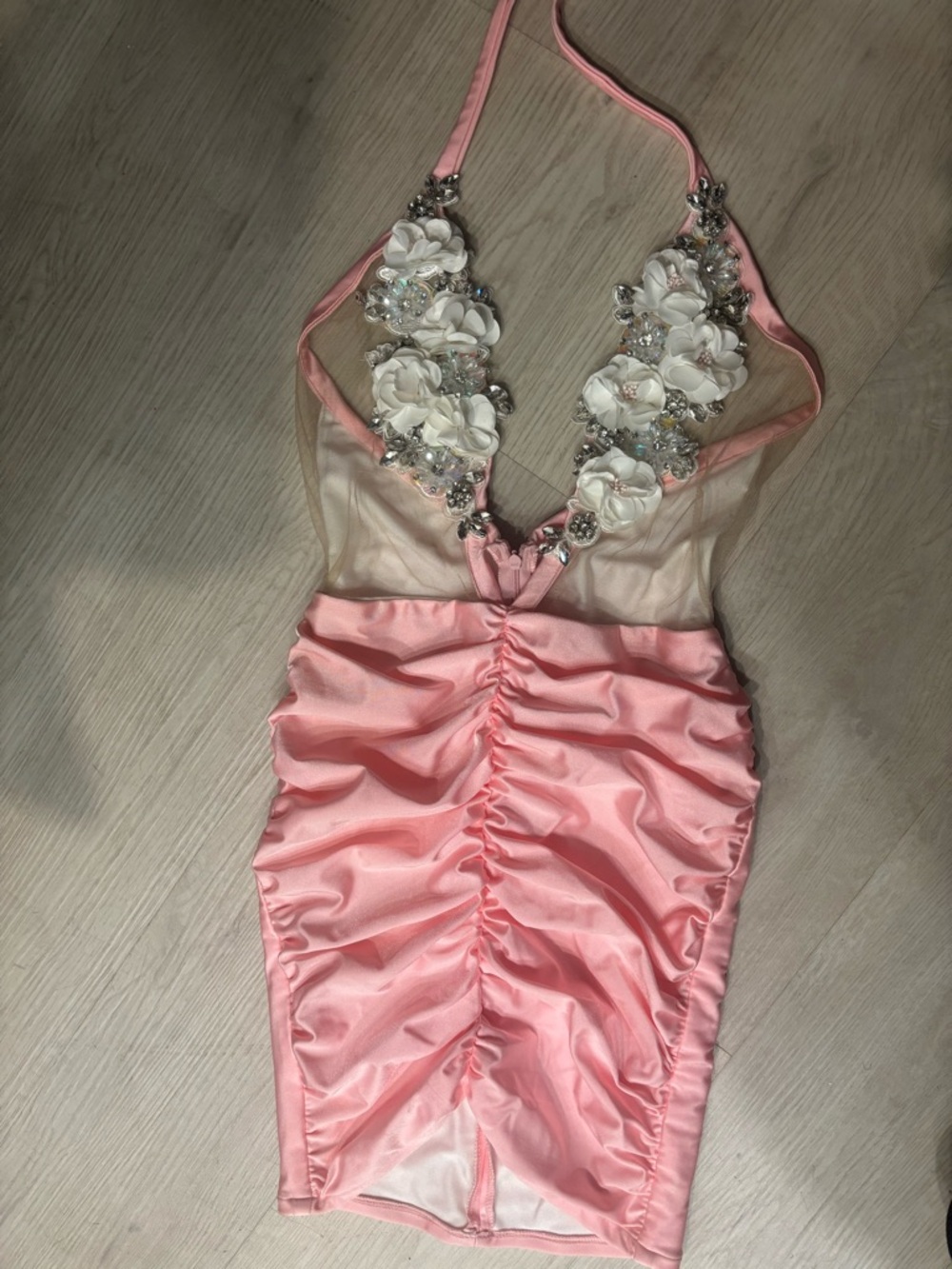 Pink Ruched Bodycon Dress with Floral Embellished Bodice